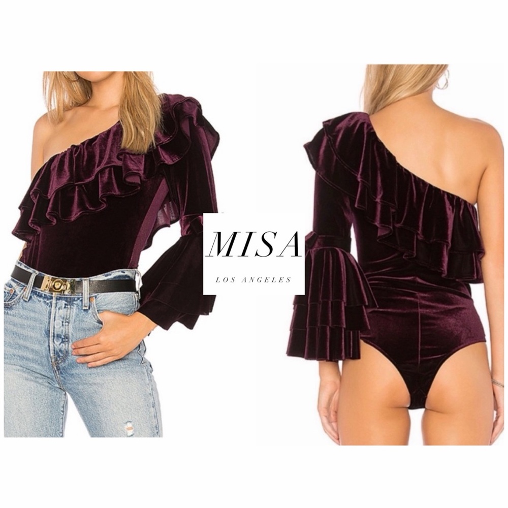 Like New - MISA Los Angeles One-Shoulder Gyda Velvet Bodysuit (L)